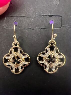 Gold-Tone Black & Clear Crystal Floral Drop Earrings